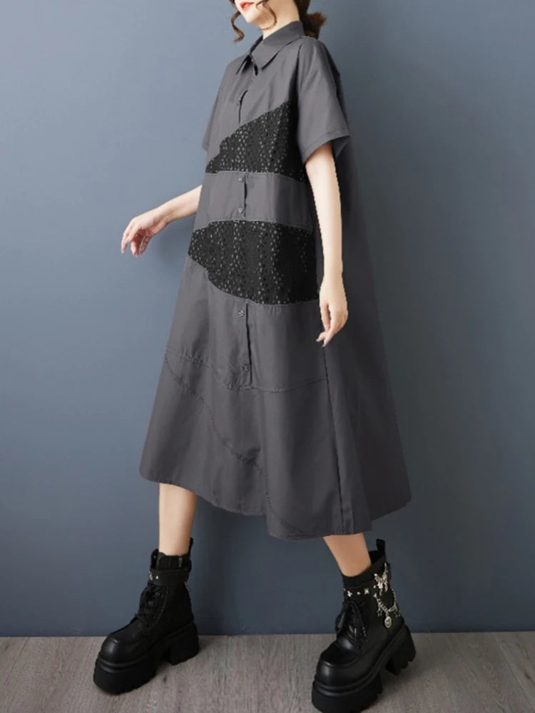 XITAO Patchwork Turn-down Collar Loose Dress Slimming Gauze Solid Color Short Sleeve Fashion Casual Summer Woman Dress HQQ2507