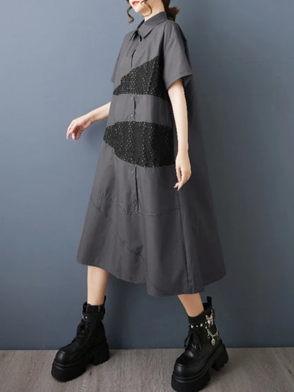 XITAO Patchwork Turn-down Collar Loose Dress Slimming Gauze Solid Color Short Sleeve Fashion Casual Summer Woman Dress HQQ2507