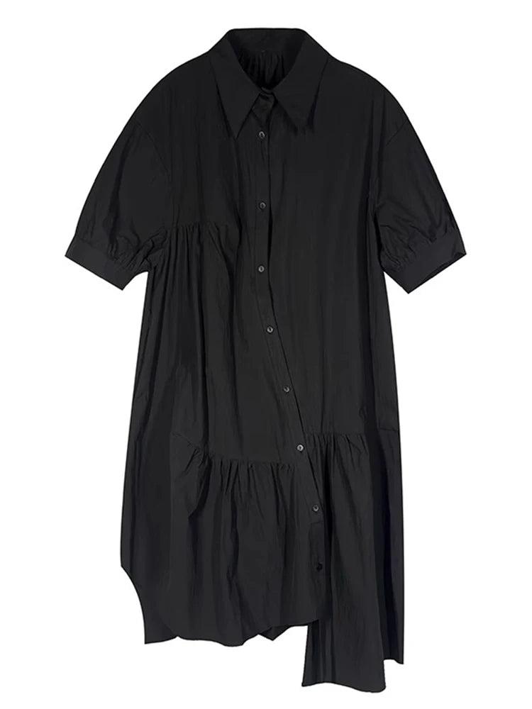 XITAO Irregular Pleated Turn-down Collar Dress Single Breasted Solid Color A-line Loose Half Sleeve Summer Female Dress GYX1656
