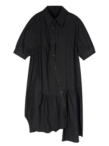 XITAO Irregular Pleated Turn-down Collar Dress Single Breasted Solid Color A-line Loose Half Sleeve Summer Female Dress GYX1656