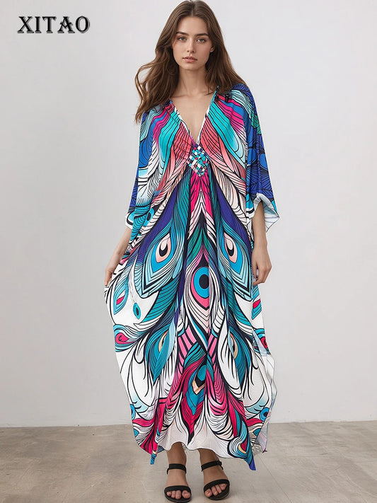 XITAO Summer Beach Style Women Dress Casual Loose V-neck Pullover Three Quarter Sleeve Female Thin Print Fashion Dress GJ1213