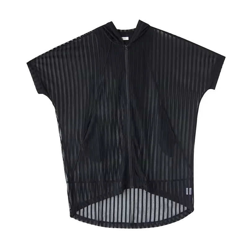XITAO Sheer Hooded Gauze Zipper Dress Solid Color Pocket Patchwork Striped Loose Temperament All Match Slimming Dress ZMY1181