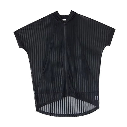 XITAO Sheer Hooded Gauze Zipper Dress Solid Color Pocket Patchwork Striped Loose Temperament All Match Slimming Dress ZMY1181