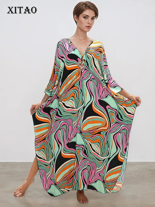 XITAO Vintage Print Contrast Color Dress V-neck Bat Wing Sleeve Loose Slimming Temperament Fashion Summer Woman Dress GJ1196