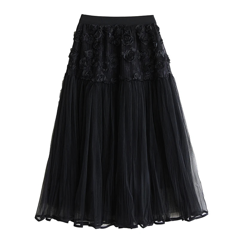 XITAO Three-dimensional Decoration Flower Gauze Skirt Elastic Waist Patchwork A-line Loose Slimming Temperament Skirt ZMY1066