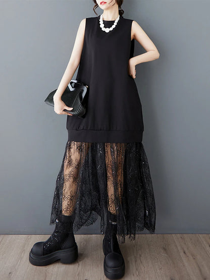 XITAO Patchwork Lace Sleeveless Dress Casual A-line Loose Fitting Fashion New Simple Personality Summer Women Dress HQQ2476