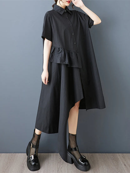 XITAO Asymmetrical Ruffles Single Breasted Dress Turn-down Collar A-line Sweet Short Sleeve Summer New Women Dress ZMY1233