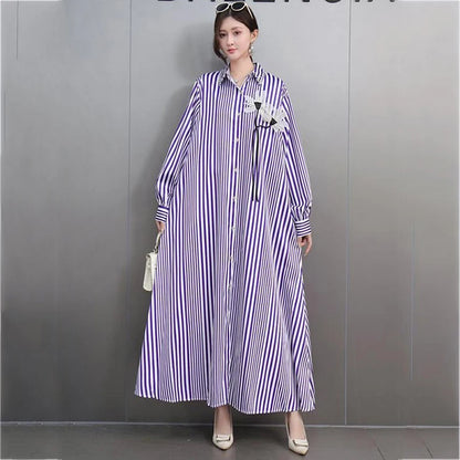 XITAO Stripe Single Breasted Flower Dress Casual Full Sleeve Turn-down Collar Loose Fitting Leisure Spring Female Dress GYX1524