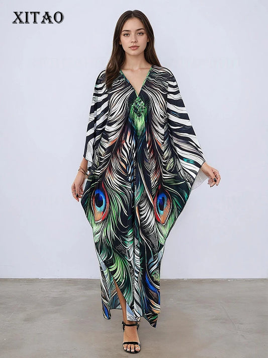 XITAO Print Contrast Color Loose Female Dress V-neck Casual Ankle-length Elegant Personality Pullover Summer Woman Dress GJ1158