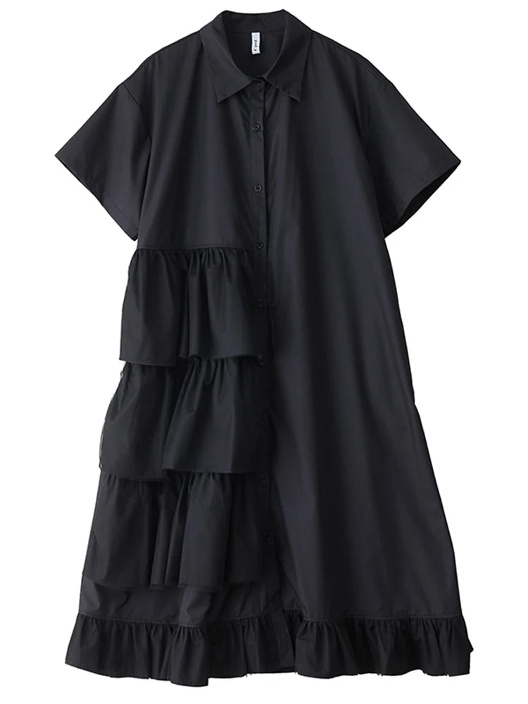 XITAO Patchwork Mesh Pleated Dress Turn-down Collar Casual Solid Color Short Sleeve Loose Fitting Summer Female Dress ZMY1069