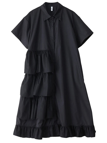 XITAO Patchwork Mesh Pleated Dress Turn-down Collar Casual Solid Color Short Sleeve Loose Fitting Summer Female Dress ZMY1069