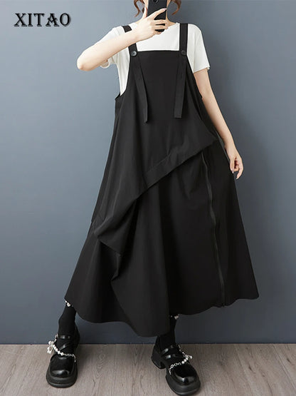 XITAO Button Irregular Zipper Dress Casual Solid Color Simple New Arrival Fashion All Match Slimming Summer Female Dress ZMY1234