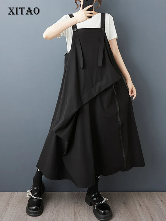 XITAO Button Irregular Zipper Dress Casual Solid Color Simple New Arrival Fashion All Match Slimming Summer Female Dress ZMY1234