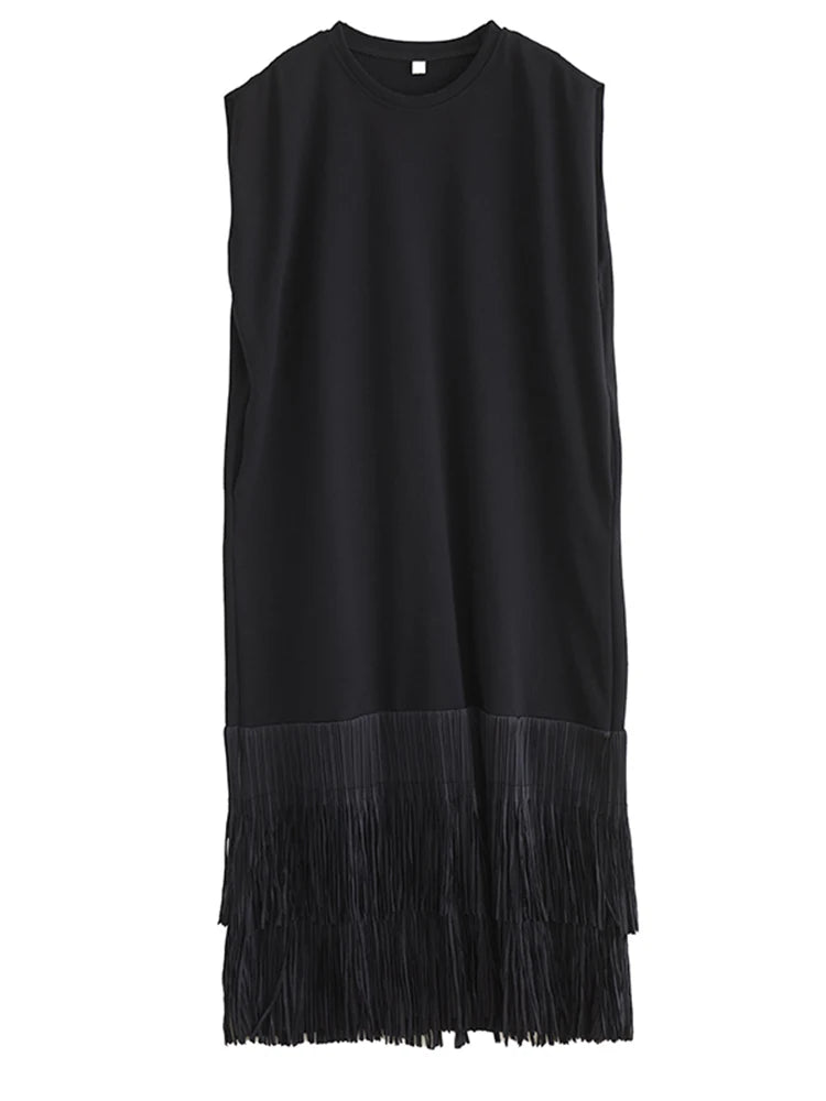 XITAO Patchwork Tassels O-neck Dress Casual Solid Color A-line Sleeveless Personality Pullover New Summer Women Dress ZMY1197
