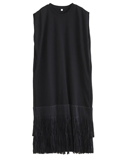 XITAO Patchwork Tassels O-neck Dress Casual Solid Color A-line Sleeveless Personality Pullover New Summer Women Dress ZMY1197