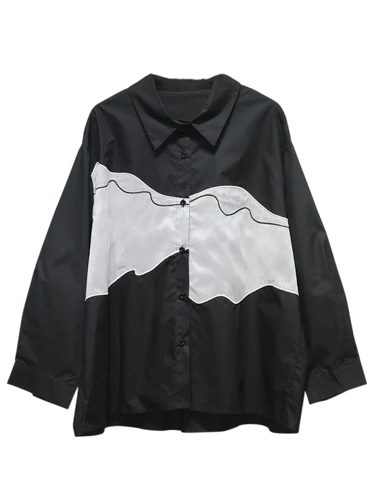 XITAO Full Sleeve Patchwork Shirt Fashion Contrast Color Loose Casual Single Breasted Women New All-match Autumn Top HQQ2394