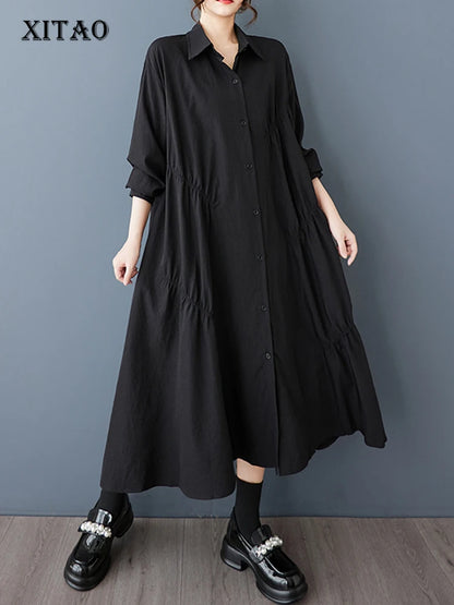 XITAO Pleated Single Breasted Lapel Dress Casual Turn-down Collar Full Sleeve A-line Solid Color Spring Women Dress GYX1542