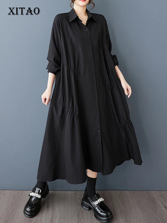 XITAO Pleated Single Breasted Lapel Dress Casual Turn-down Collar Full Sleeve A-line Solid Color Spring Women Dress GYX1542
