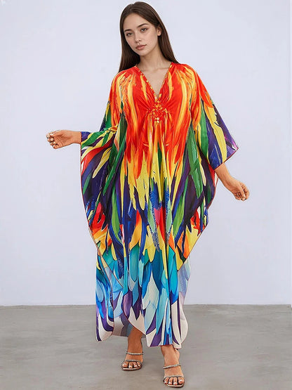 XITAO Bat Wing Sleeve Vintage V-neck Print Dress Loose V-neck Casual Side Slit Temperament Personality Summer Woman Dress GJ1160