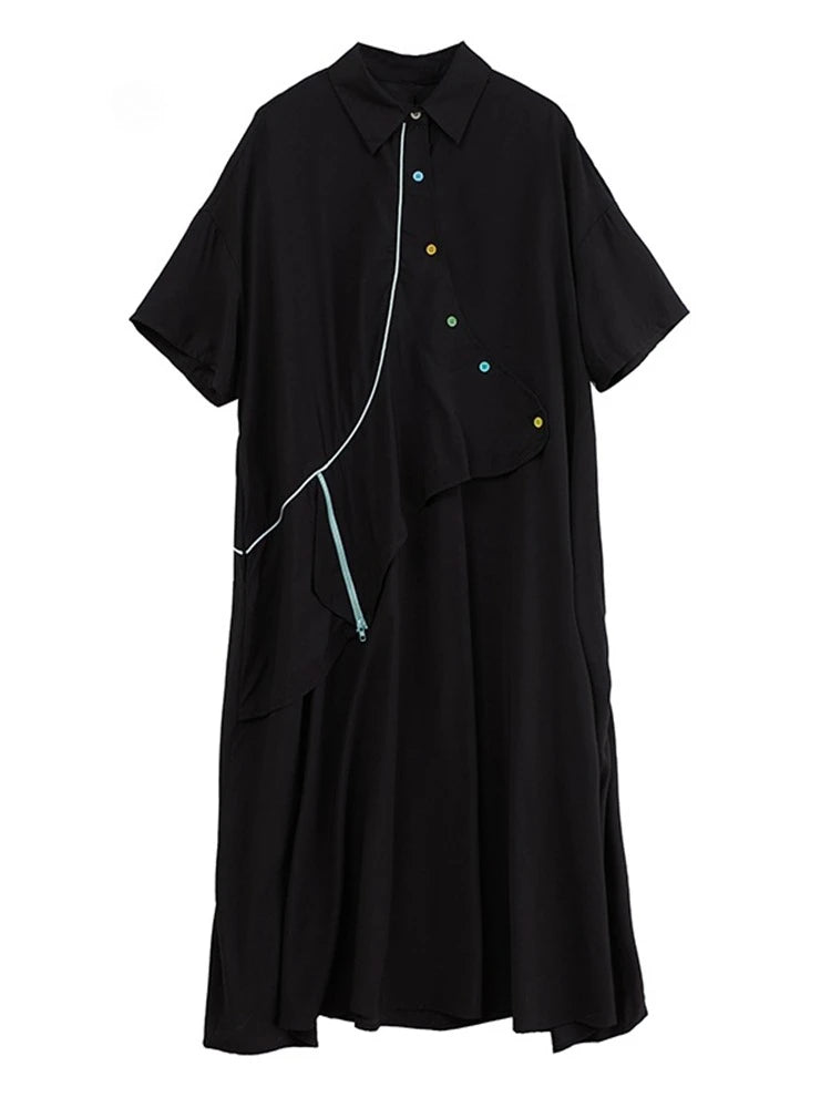 XITAO Asymmetrical Patchwork Single Breasted Dress Turn-down Collar Short Sleeve Pullover Loose Casual Slimming Dress ZMY1055