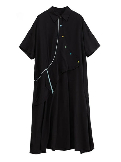 XITAO Asymmetrical Patchwork Single Breasted Dress Turn-down Collar Short Sleeve Pullover Loose Casual Slimming Dress ZMY1055