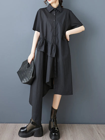 XITAO Asymmetrical Ruffles Single Breasted Dress Turn-down Collar A-line Sweet Short Sleeve Summer New Women Dress ZMY1233