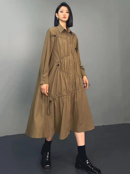 XITAO Loose Solid Draw Pleated Shirt Dress Single Breasted Turn-down Collar Mid-calf Full Sleeve Casual All Match Dress ZYY1004