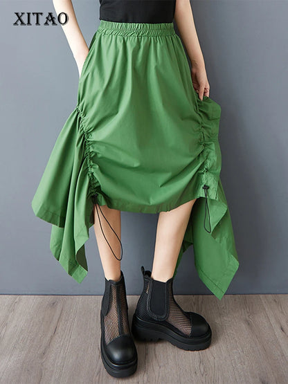 XITAO Irregular Pleated Drawstring Skirt Casual Elastic Waist Solid Color Personality A-line Korea Summer Women Skirt GYX1560