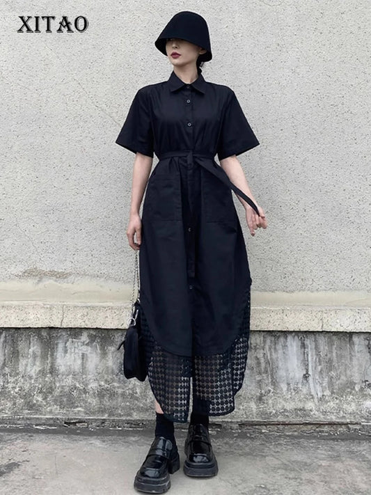 XITAO Pocket Bandage Irregular Female Dress Patchwork Hollow Out Solid Color Loose Slimming Summer Woman Shirt Dress ZMY1237