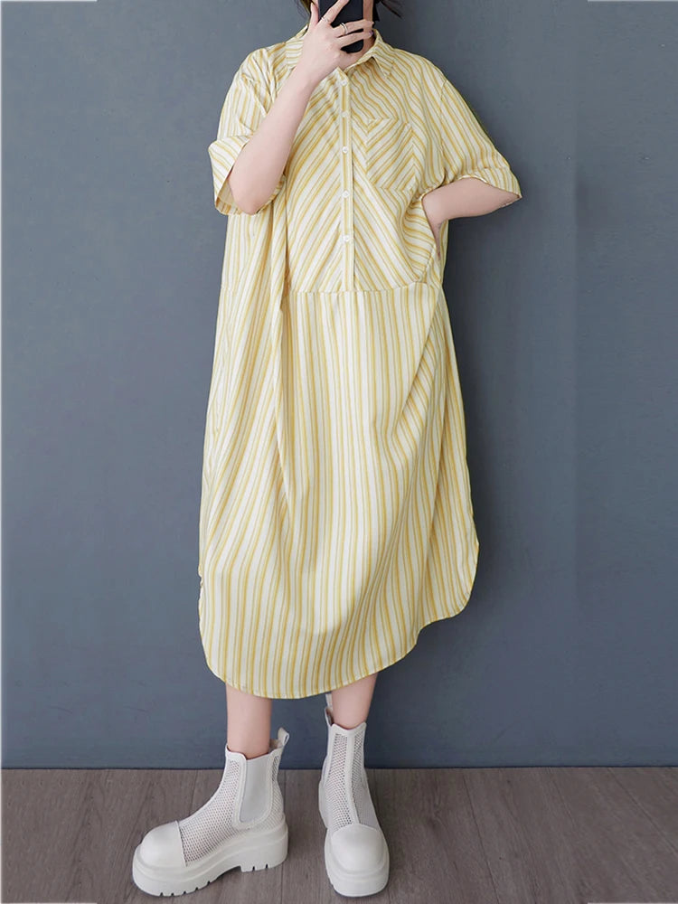 XITAO Patchwork Print Stripe Pullover Dress Turn-down Collar A-line Casual Half Sleeve Leisure New Summer Female Dress GYX1572