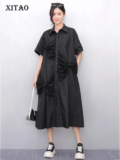 XITAO Bow Mesh Single Breasted Lapel Female Dress Casual Solid Color Short Sleeve Leisure A-line Mid-calf Summer Dress HQQ2458