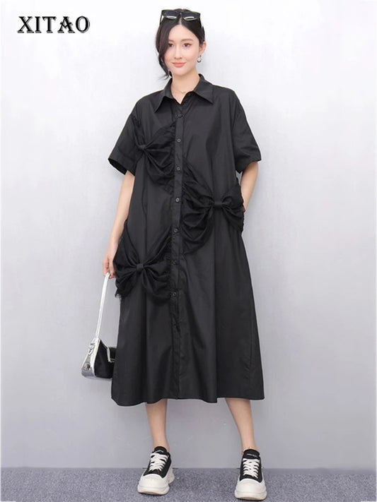 XITAO Bow Mesh Single Breasted Lapel Female Dress Casual Solid Color Short Sleeve Leisure A-line Mid-calf Summer Dress HQQ2458
