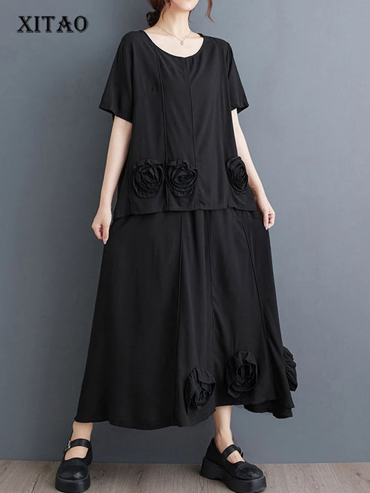 XITAO Floral O-neck Asymmetric Matching Set Casual Solid Color Elastic Waist A-line Short Sleeve Fashion Women Set GYX1573