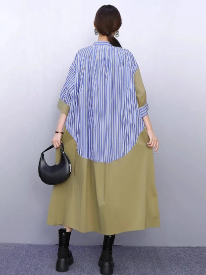 XITAO Loose Stripe Patchwork Female Dress Casual A-line Stand Collar Women Summer Temperament Single Breasted Dress ZMY1390
