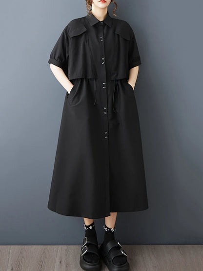 XITAO Drawstring Solid Color Dress Turn-down Collar Short Sleeve Slimming Patchwork Pocket Casual Summer Woman Dress ZMY1402