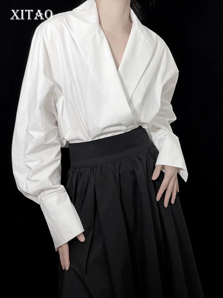 XITAO Batwing Sleeve V-neck Pullover Shirt Solid Color Long Sleeve Temperament All Match Top 2024 Autumn Fashion New HQQ2393