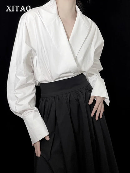 XITAO Batwing Sleeve V-neck Pullover Shirt Solid Color Long Sleeve Temperament All Match Top 2024 Autumn Fashion New HQQ2393