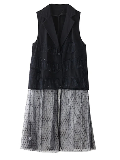XITAO Gauze Patchwork Sequin Dress Sleeveless V-neck Loose Casual Single Breasted Solid Color Mesh Summer Woman Dress ZMY1320