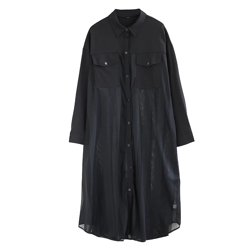 XITAO Patchwork Mesh Full Sleeve Single Breasted Dress Casual Solid Color Temperament A-line Turn-down Collar Dress GYX1567