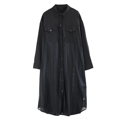 XITAO Patchwork Mesh Full Sleeve Single Breasted Dress Casual Solid Color Temperament A-line Turn-down Collar Dress GYX1567