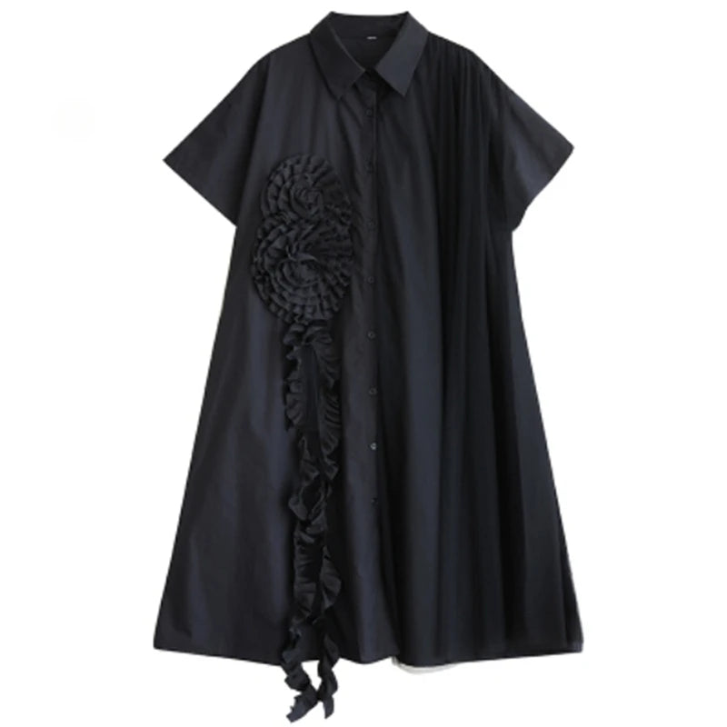 XITAO Three-dimensional Decoration Patchwork Women Dress Gauze Split Contrast Color Turn-down Collar Slimming Dress GYX1645