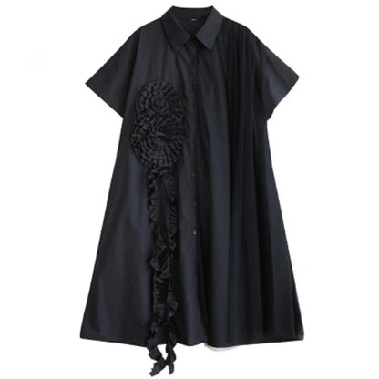 XITAO Three-dimensional Decoration Patchwork Women Dress Gauze Split Contrast Color Turn-down Collar Slimming Dress GYX1645