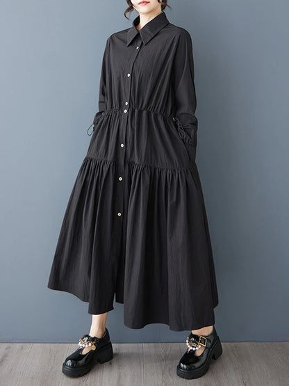 XITAO Single Breasted Pocket Dress Solid Color Turn-down Collar Patchwork Long Sleeve Loose Slimming Temperament Dress GYX1511