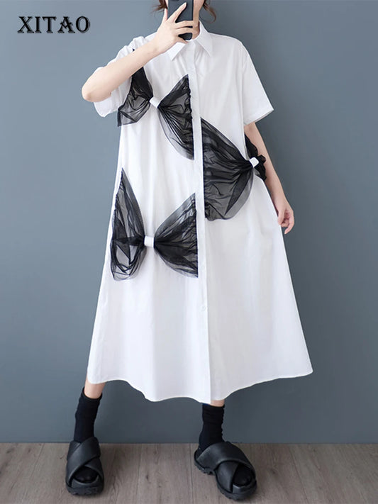 XITAO Patchwork Mesh Single Breasted Dress Turn-down Collar Half Sleeve Leisure New Arrival Sweet Simple Women Dress GYX1565