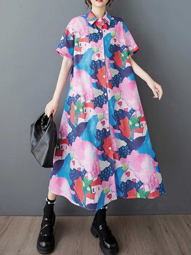 XITAO Loose Print Irregular Shirt Dress Casual A-line Single Breasted Women Summer Short Sleeve Turn-down Collar Dress ZMY1136