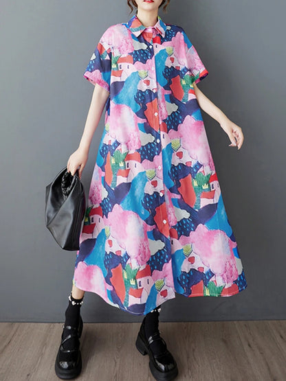 XITAO Loose Print Irregular Shirt Dress Casual A-line Single Breasted Women Summer Short Sleeve Turn-down Collar Dress ZMY1136