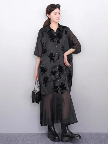 XITAO Patchwork Print Dress Gauze Loose Half Sleeve Elegant Single Breasted Temperament Vintage Summer Woman Dress ZMY1282