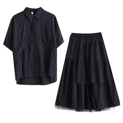 XITAO Mesh Patchwork Elastic Waist Matching Set Casual Solid Color Single Breasted Turn-down Collar New Women Set ZMY1139