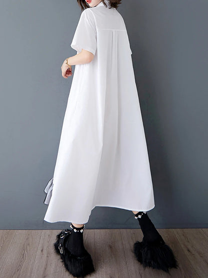 XITAO Patchwork Mesh Pleated Dress Turn-down Collar Casual Solid Color Short Sleeve Loose Fitting Summer Female Dress ZMY1069