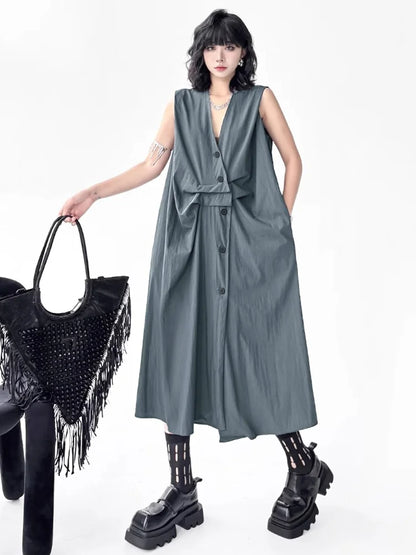 XITAO Women Sleeveless Vintage Dress V-neck Loose Casual Single Breasted Solid Color Slimming Summer Female Dress ZMY1393